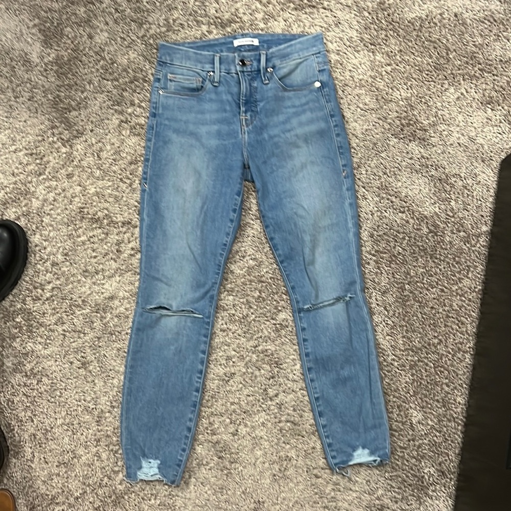 GOOD AMERICAN GOOD PETITE SKINNY Knee ripped Skinny Jeans Sz 27